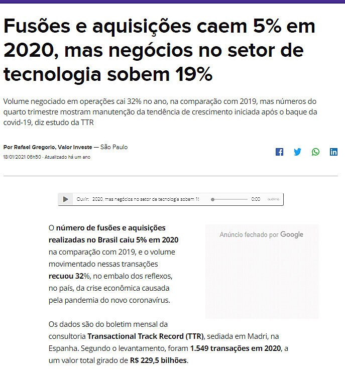 Fuses e aquisies caem 5% em 2020, mas negcios no setor de tecnologia sobem 19%